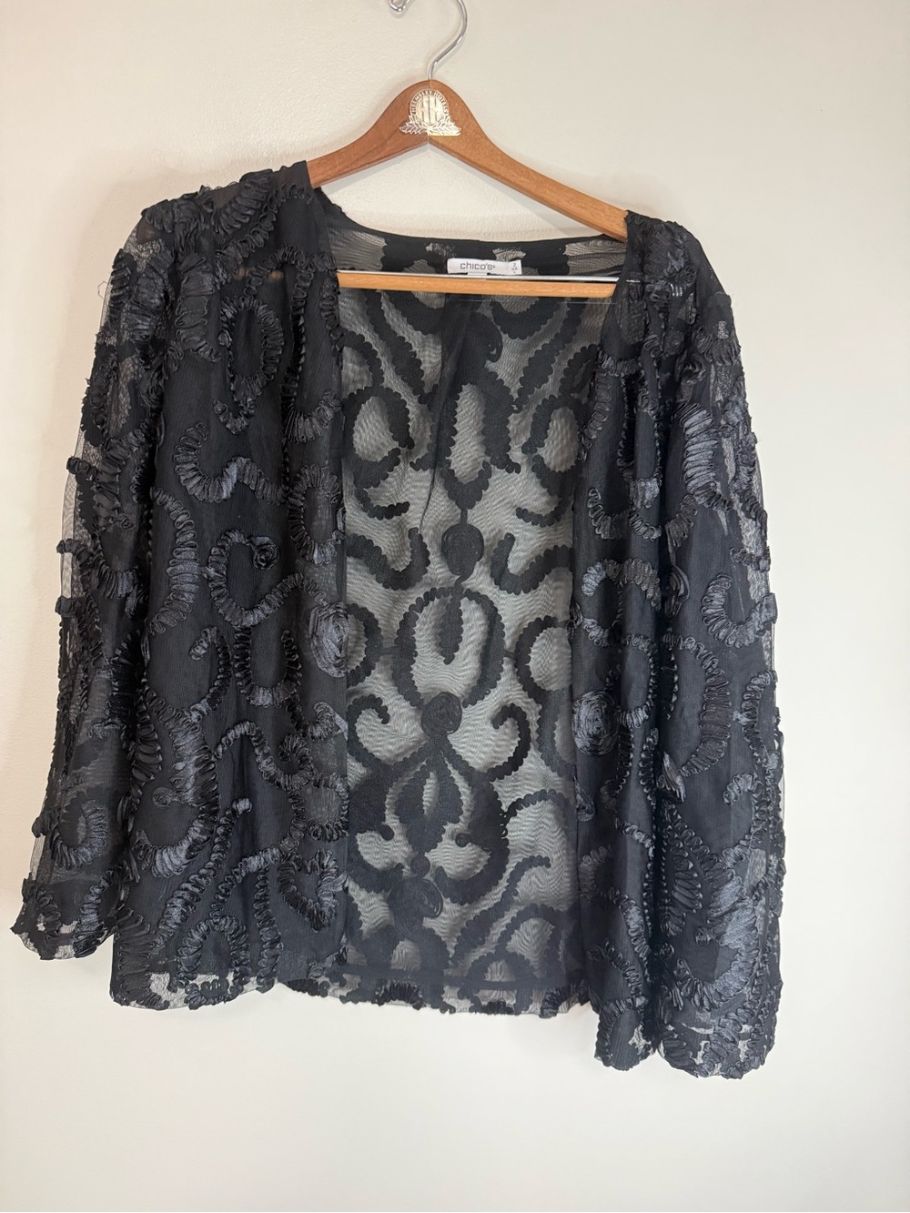 Chico's Black Floral Sheer cardigan in size large (2)